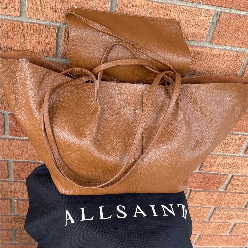 🤎So cute All Saints London Tan Pebbled Leather suede Tote with Zip Pouch 🤎